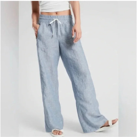 Athleta Women's Cabo 100% Linen Wide Leg Pant Size 14 Blue - Picture 1 of 5